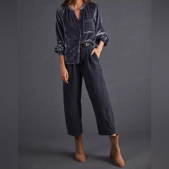 Anthropologie Pilcro Charcoal Crushed Sleeve Velvet Button Down Shirt - Picture 2 of 10